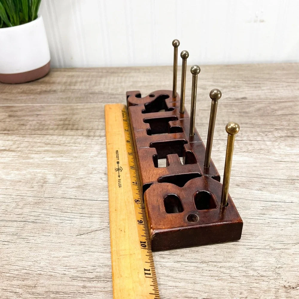 Vintage Wooden Belt Rack: 5 Brass Pegs